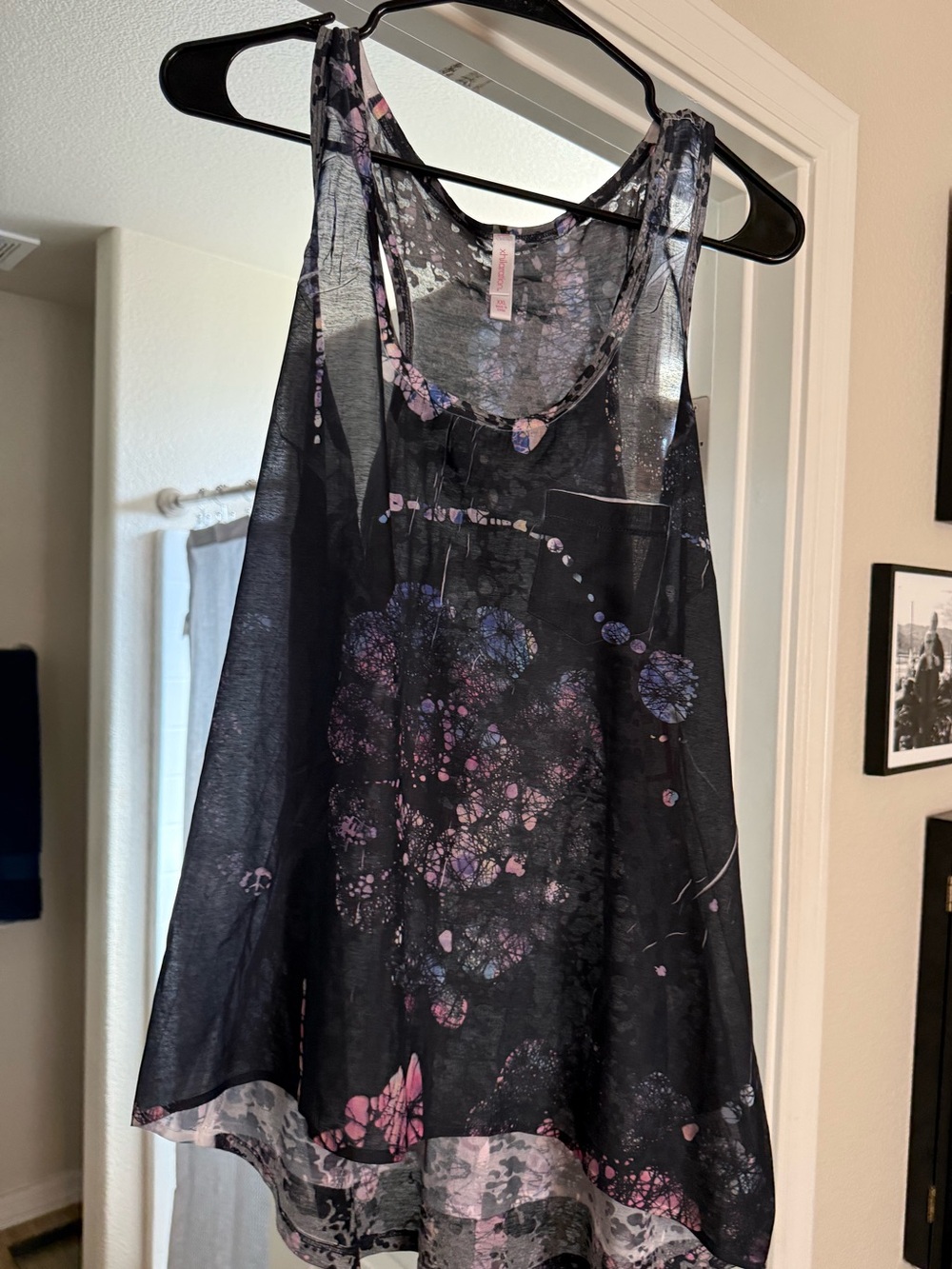 Xhilaration Black Sheer Floral-Print Tank with Pink and Purple Accents